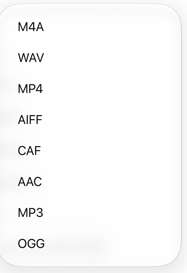 Export formats: M4A, WAV, MP4, AIFF, CAF, AAC, MP3 and OGG